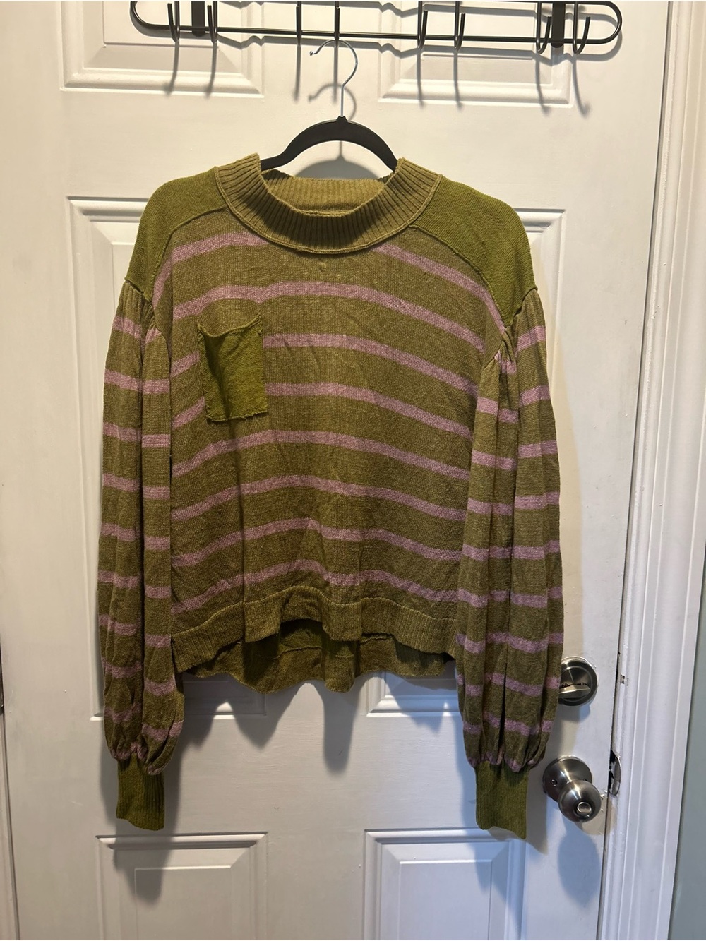 Free People Olive Green and Light Pink Striped Pullover Sweater